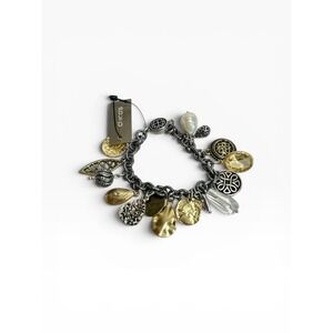 Chicos Charm 7" Bracelet Gold Silver Tone Coin Pearl‎ New Multi Charm